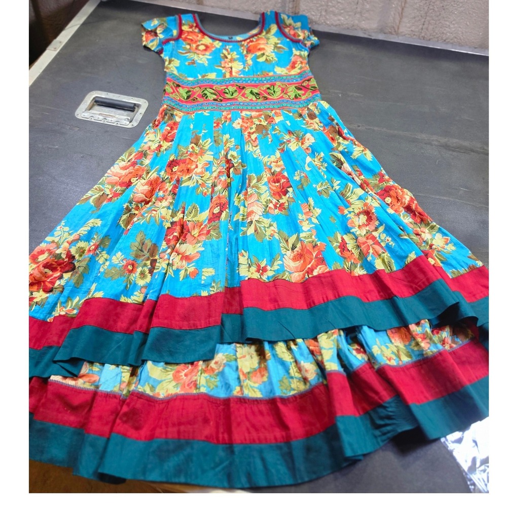 Blue Floral Mirror Work Boho Maxi Dress Tiered Skirt Pom Pom Trim Large